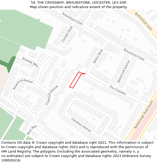 54, THE CROSSWAY, BRAUNSTONE, LEICESTER, LE3 2GR: Location map and indicative extent of plot