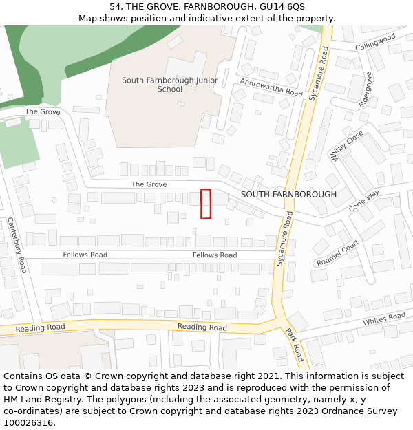 54, THE GROVE, FARNBOROUGH, GU14 6QS: Location map and indicative extent of plot