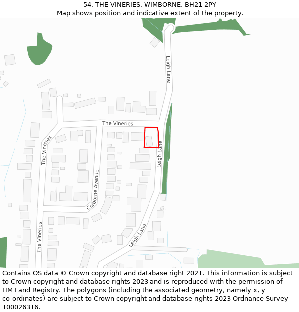 54, THE VINERIES, WIMBORNE, BH21 2PY: Location map and indicative extent of plot