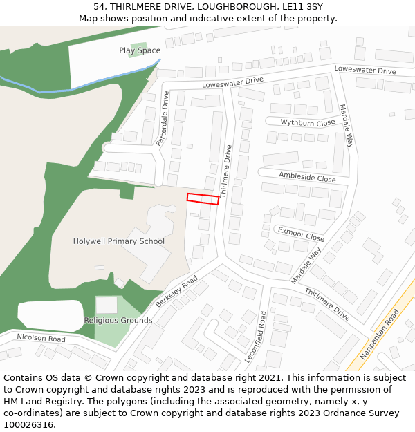 54, THIRLMERE DRIVE, LOUGHBOROUGH, LE11 3SY: Location map and indicative extent of plot