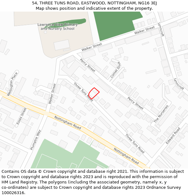 54, THREE TUNS ROAD, EASTWOOD, NOTTINGHAM, NG16 3EJ: Location map and indicative extent of plot