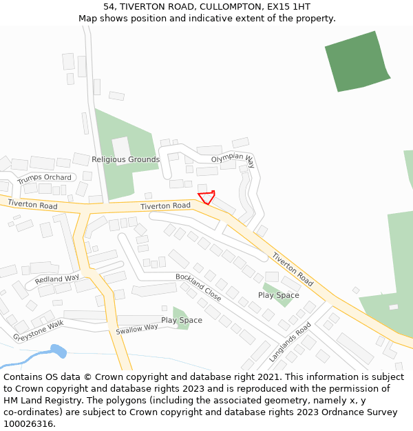 54, TIVERTON ROAD, CULLOMPTON, EX15 1HT: Location map and indicative extent of plot