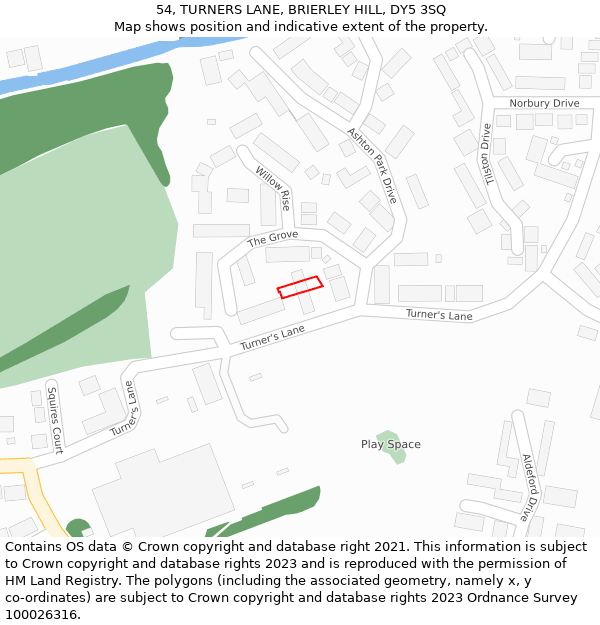 54, TURNERS LANE, BRIERLEY HILL, DY5 3SQ: Location map and indicative extent of plot