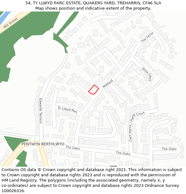 54, TY LLWYD PARC ESTATE, QUAKERS YARD, TREHARRIS, CF46 5LA: Location map and indicative extent of plot