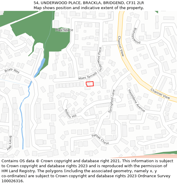 54, UNDERWOOD PLACE, BRACKLA, BRIDGEND, CF31 2LR: Location map and indicative extent of plot