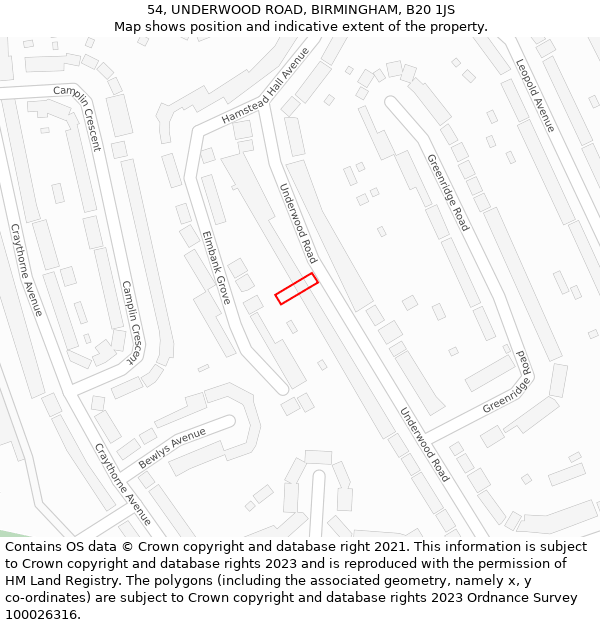 54, UNDERWOOD ROAD, BIRMINGHAM, B20 1JS: Location map and indicative extent of plot