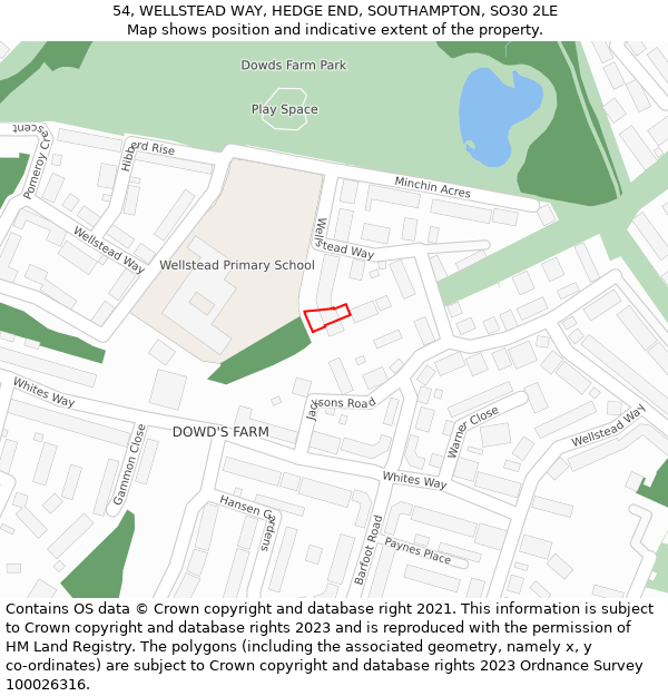 54, WELLSTEAD WAY, HEDGE END, SOUTHAMPTON, SO30 2LE: Location map and indicative extent of plot