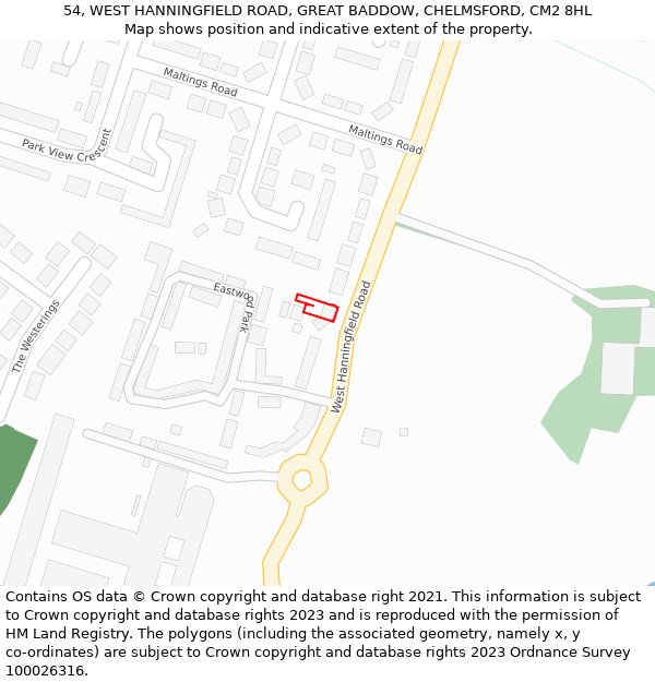 54, WEST HANNINGFIELD ROAD, GREAT BADDOW, CHELMSFORD, CM2 8HL: Location map and indicative extent of plot