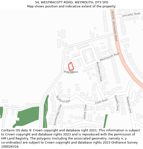 54, WESTMACOTT ROAD, WEYMOUTH, DT3 5FD: Location map and indicative extent of plot