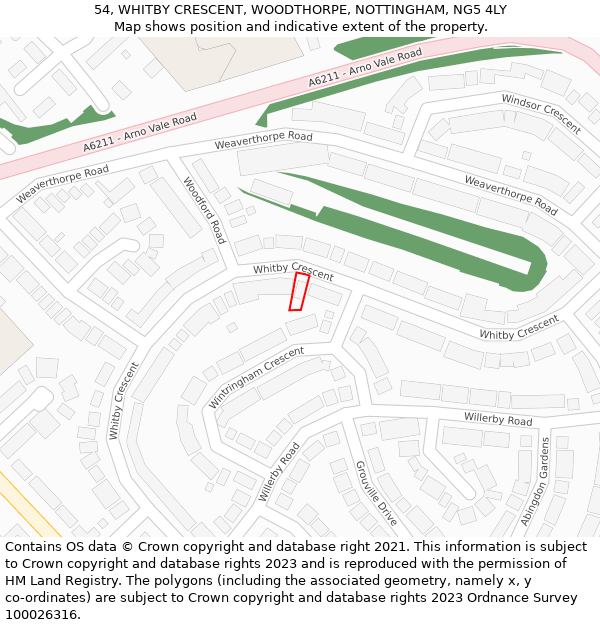 54, WHITBY CRESCENT, WOODTHORPE, NOTTINGHAM, NG5 4LY: Location map and indicative extent of plot