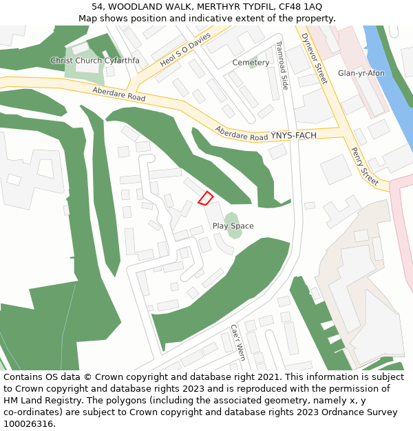 54, WOODLAND WALK, MERTHYR TYDFIL, CF48 1AQ: Location map and indicative extent of plot