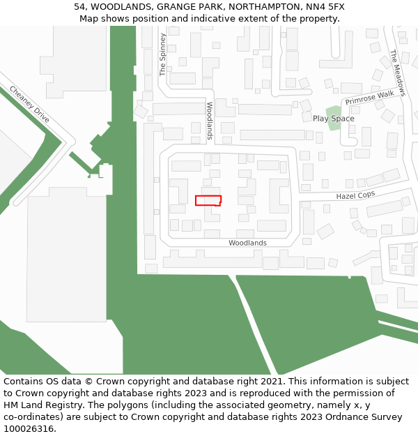 54, WOODLANDS, GRANGE PARK, NORTHAMPTON, NN4 5FX: Location map and indicative extent of plot