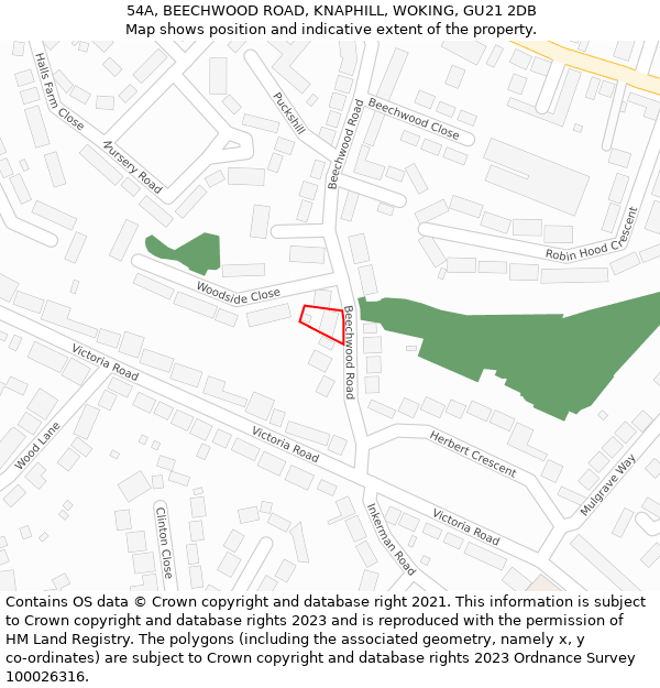 54A, BEECHWOOD ROAD, KNAPHILL, WOKING, GU21 2DB: Location map and indicative extent of plot