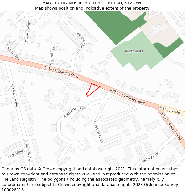 54B, HIGHLANDS ROAD, LEATHERHEAD, KT22 8NJ: Location map and indicative extent of plot