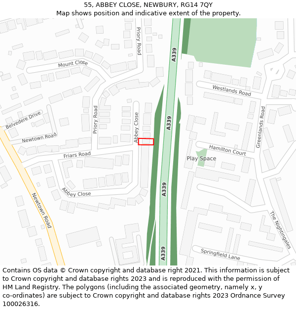 55, ABBEY CLOSE, NEWBURY, RG14 7QY: Location map and indicative extent of plot