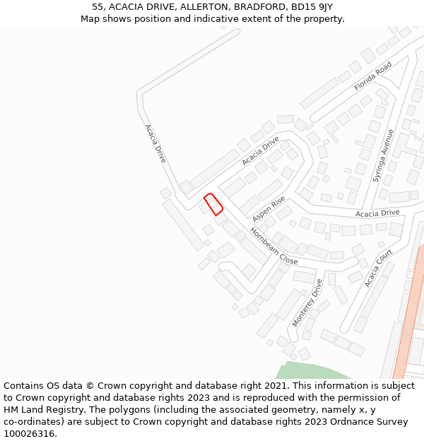 55, ACACIA DRIVE, ALLERTON, BRADFORD, BD15 9JY: Location map and indicative extent of plot