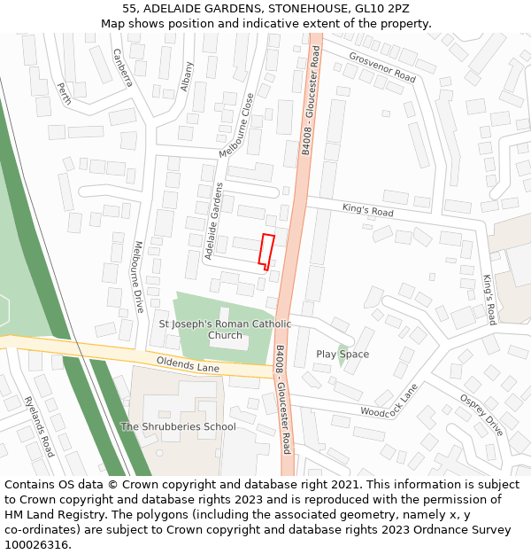 55, ADELAIDE GARDENS, STONEHOUSE, GL10 2PZ: Location map and indicative extent of plot