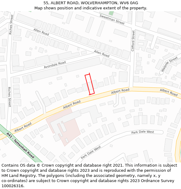 55, ALBERT ROAD, WOLVERHAMPTON, WV6 0AG: Location map and indicative extent of plot