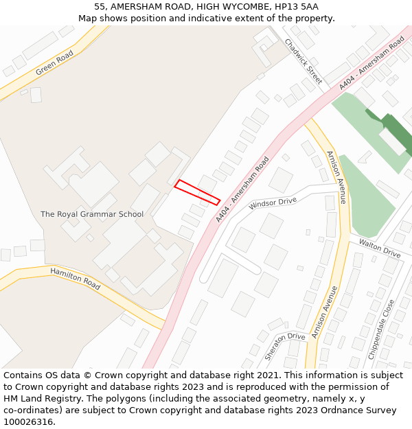 55, AMERSHAM ROAD, HIGH WYCOMBE, HP13 5AA: Location map and indicative extent of plot