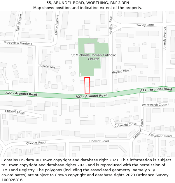 55, ARUNDEL ROAD, WORTHING, BN13 3EN: Location map and indicative extent of plot