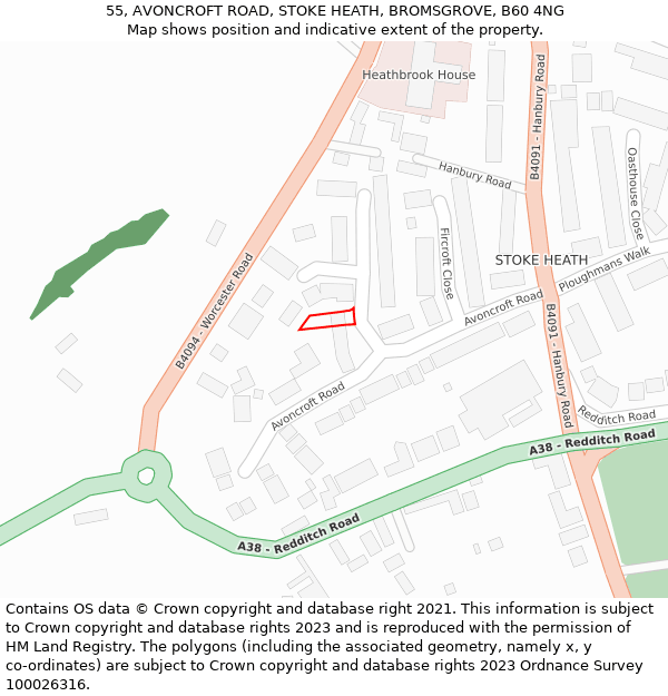 55, AVONCROFT ROAD, STOKE HEATH, BROMSGROVE, B60 4NG: Location map and indicative extent of plot