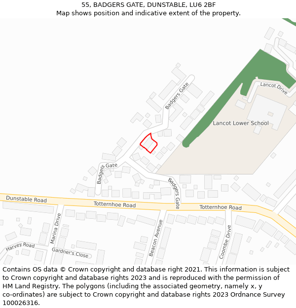 55, BADGERS GATE, DUNSTABLE, LU6 2BF: Location map and indicative extent of plot