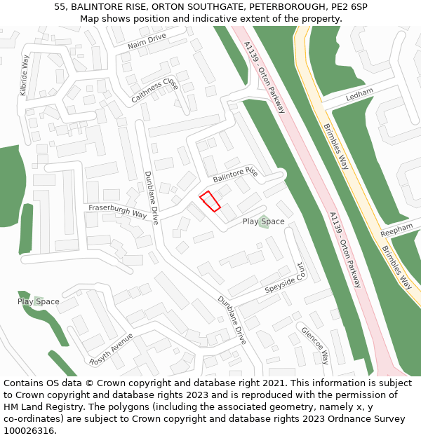 55, BALINTORE RISE, ORTON SOUTHGATE, PETERBOROUGH, PE2 6SP: Location map and indicative extent of plot