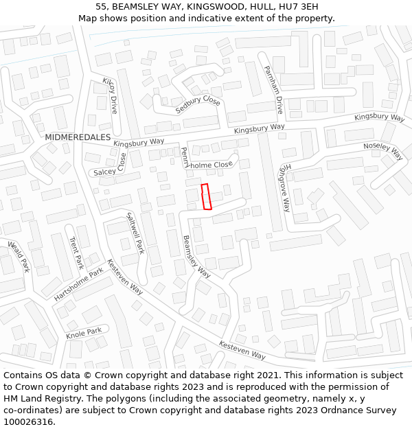 55, BEAMSLEY WAY, KINGSWOOD, HULL, HU7 3EH: Location map and indicative extent of plot
