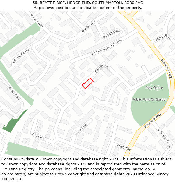 55, BEATTIE RISE, HEDGE END, SOUTHAMPTON, SO30 2AG: Location map and indicative extent of plot