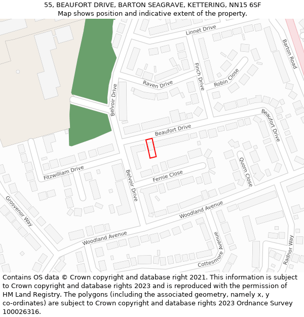 55, BEAUFORT DRIVE, BARTON SEAGRAVE, KETTERING, NN15 6SF: Location map and indicative extent of plot
