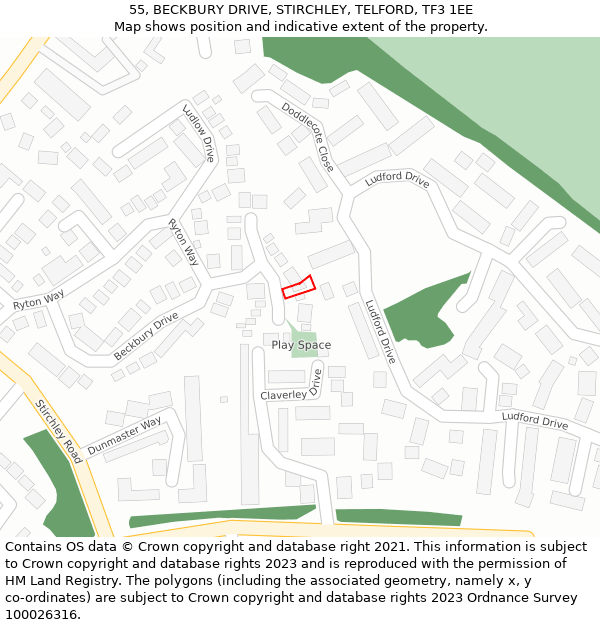 55, BECKBURY DRIVE, STIRCHLEY, TELFORD, TF3 1EE: Location map and indicative extent of plot