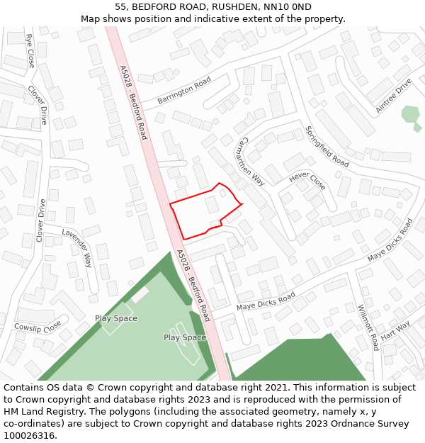 55, BEDFORD ROAD, RUSHDEN, NN10 0ND: Location map and indicative extent of plot