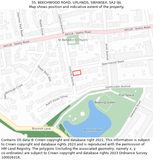 55, BEECHWOOD ROAD, UPLANDS, SWANSEA, SA2 0JL: Location map and indicative extent of plot