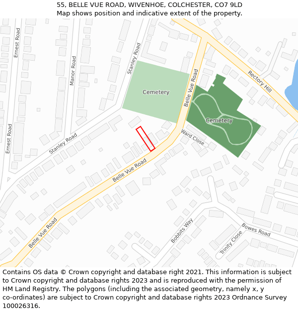 55, BELLE VUE ROAD, WIVENHOE, COLCHESTER, CO7 9LD: Location map and indicative extent of plot