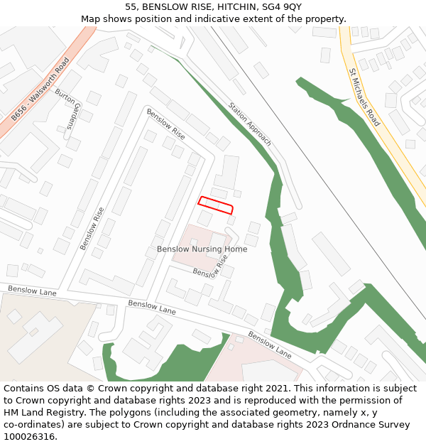 55, BENSLOW RISE, HITCHIN, SG4 9QY: Location map and indicative extent of plot