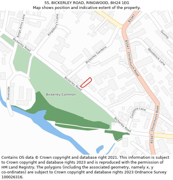 55, BICKERLEY ROAD, RINGWOOD, BH24 1EG: Location map and indicative extent of plot