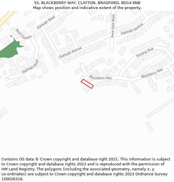 55, BLACKBERRY WAY, CLAYTON, BRADFORD, BD14 6NB: Location map and indicative extent of plot