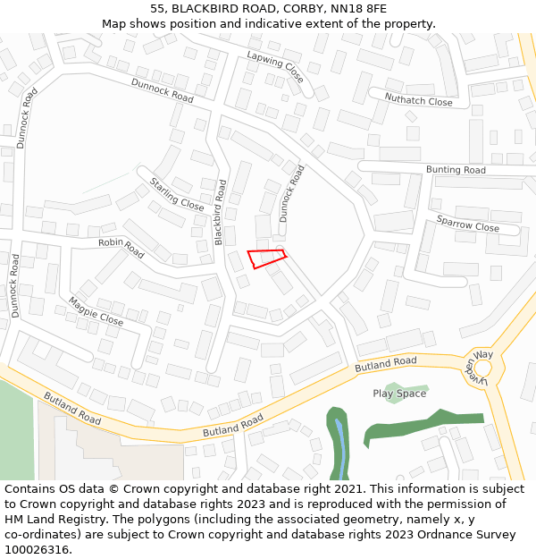 55, BLACKBIRD ROAD, CORBY, NN18 8FE: Location map and indicative extent of plot