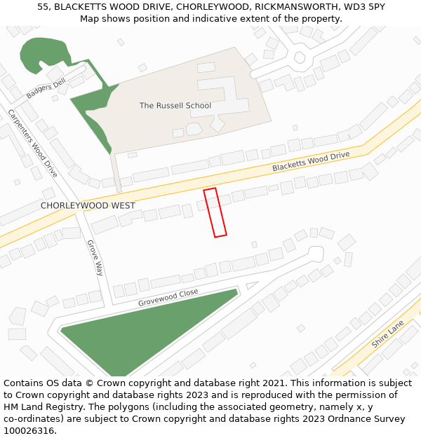 55, BLACKETTS WOOD DRIVE, CHORLEYWOOD, RICKMANSWORTH, WD3 5PY: Location map and indicative extent of plot