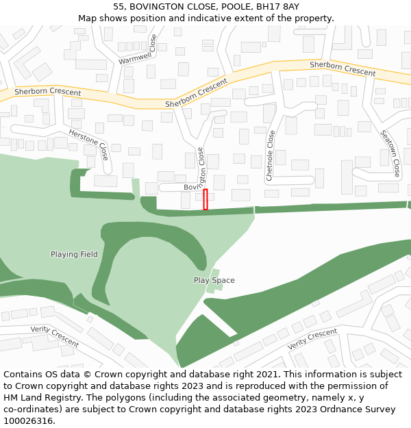 55, BOVINGTON CLOSE, POOLE, BH17 8AY: Location map and indicative extent of plot