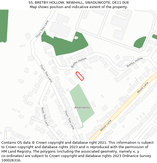 55, BRETBY HOLLOW, NEWHALL, SWADLINCOTE, DE11 0UE: Location map and indicative extent of plot