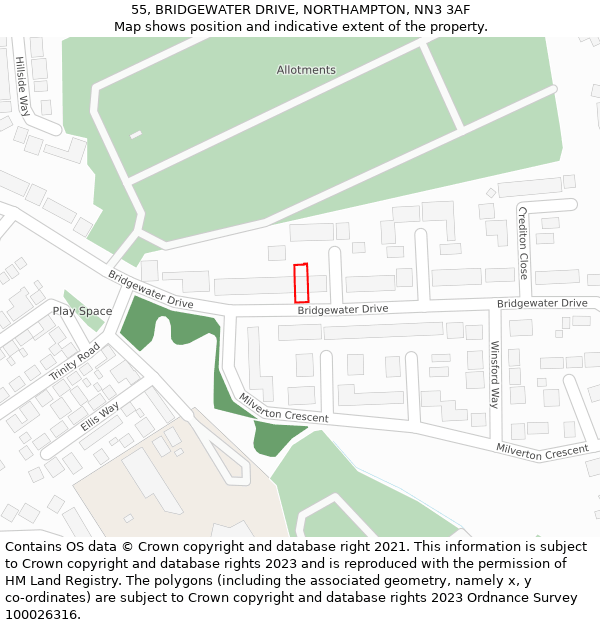 55, BRIDGEWATER DRIVE, NORTHAMPTON, NN3 3AF: Location map and indicative extent of plot