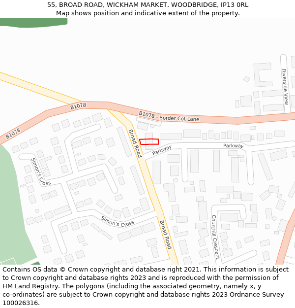 55, BROAD ROAD, WICKHAM MARKET, WOODBRIDGE, IP13 0RL: Location map and indicative extent of plot