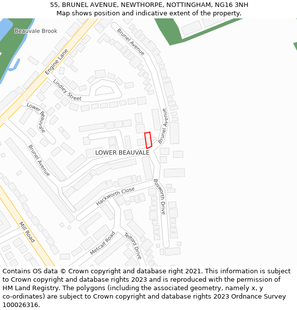 55, BRUNEL AVENUE, NEWTHORPE, NOTTINGHAM, NG16 3NH: Location map and indicative extent of plot