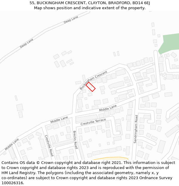 55, BUCKINGHAM CRESCENT, CLAYTON, BRADFORD, BD14 6EJ: Location map and indicative extent of plot