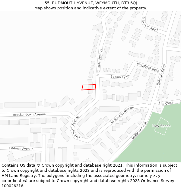 55, BUDMOUTH AVENUE, WEYMOUTH, DT3 6QJ: Location map and indicative extent of plot