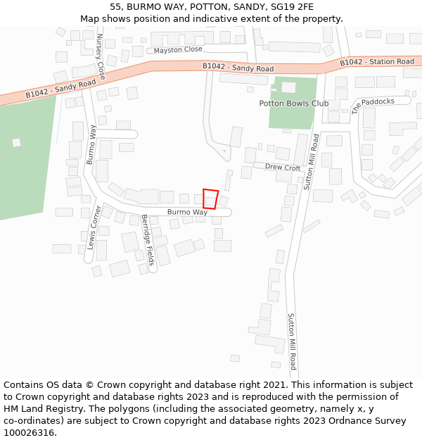 55, BURMO WAY, POTTON, SANDY, SG19 2FE: Location map and indicative extent of plot