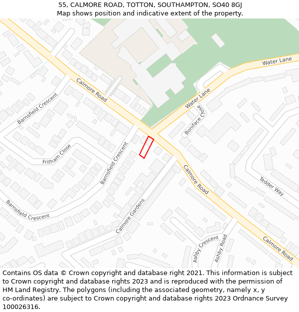 55, CALMORE ROAD, TOTTON, SOUTHAMPTON, SO40 8GJ: Location map and indicative extent of plot