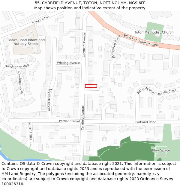 55, CARRFIELD AVENUE, TOTON, NOTTINGHAM, NG9 6FE: Location map and indicative extent of plot