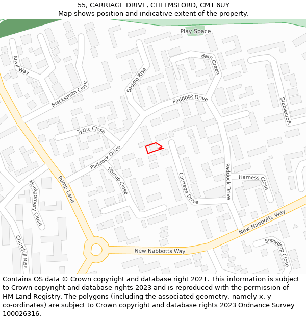 55, CARRIAGE DRIVE, CHELMSFORD, CM1 6UY: Location map and indicative extent of plot